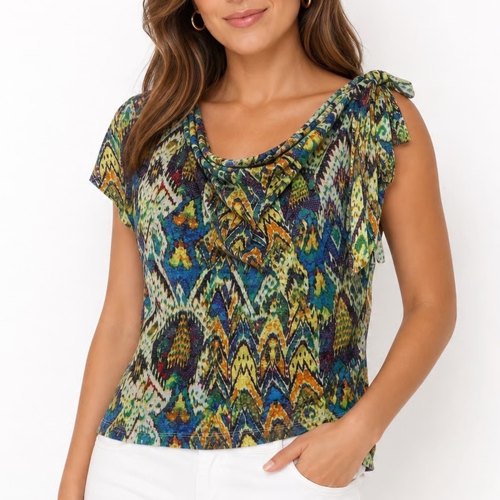 Tru Self Multicolor Ikat Cowl Neck Tie Shoulder Top Petite Small PS